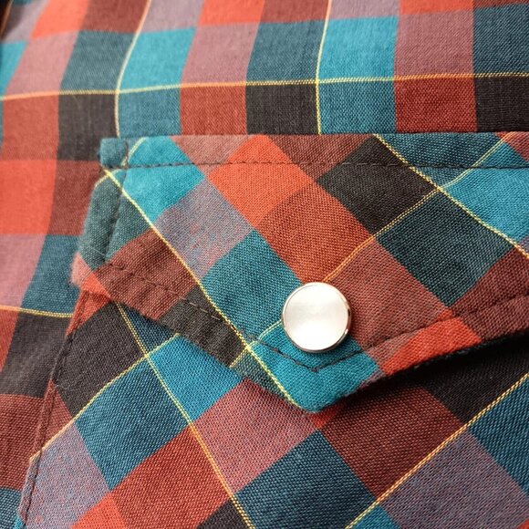 Western Shirt Size 38 Pearl Snap Blouse Maroon Tea Black Plaid Vintage Ranchwear - Picture 8 of 10
